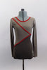 Long sleeved, low back, short cut unitard had alternating shades of light and dark gray sections separated by red banding. Great contemporary costume. Front