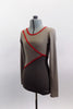 Long sleeved, low back, short cut unitard had alternating shades of light and dark gray sections separated by red banding. Great contemporary costume. Left side