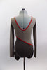 Long sleeved, low back, short cut unitard had alternating shades of light and dark gray sections separated by red banding. Great contemporary costume. Back
