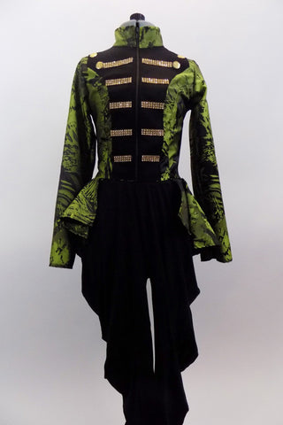 Two piece costume comes with an eclectic military gold button & band style torso on a green & black print, high collar peplum coat. Comes with black harem pant. Front