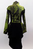 Two piece costume comes with an eclectic military gold button & band style torso on a green & black print, high collar peplum coat. Comes with black harem pant. Back