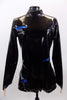 Black patent leather-look long sleeved, high collar, short unitard zips at back. It is  The electric blue lining peeks through slashes in the pleather. Front