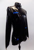 Black patent leather-look long sleeved, high collar, short unitard zips at back. It is  The electric blue lining peeks through slashes in the pleather. Side
