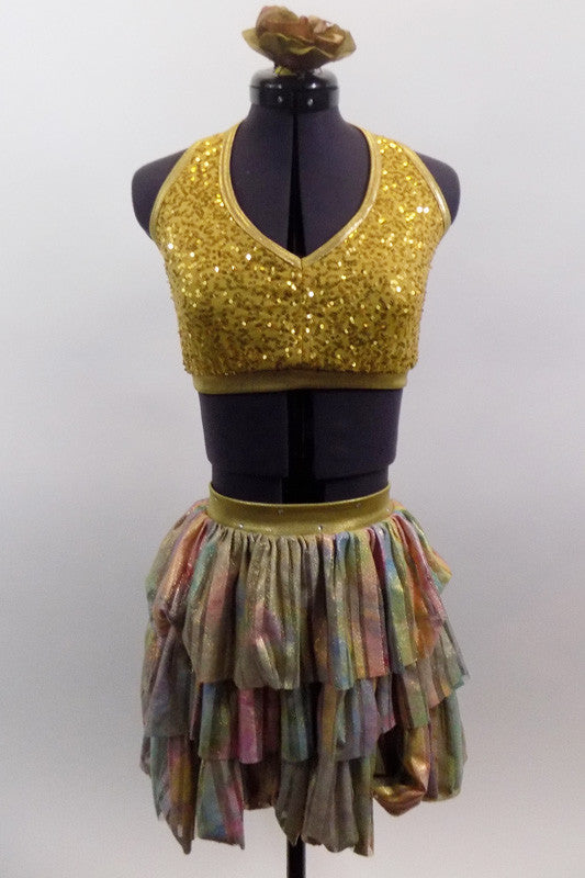 2-piece costume comes with gold sequin halter, pinch front, bra top. The skirt has three layers of gathered variegated pastel colors with gold shimmer. Comes with hair accessory. Front