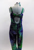 Stretch velvet full unitard with waves of purples greens & blues has silver pattern throughout. Has crystal accents at front & on bow accent of low back. Comes with hair accessory. Back
