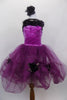 Purple glitter velvet bodice lined with black satin roses at top & on looped purple tulle skirt of this costume with sheer nude back with black edging. Comes with black rose hair accessory. Front