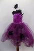 Purple glitter velvet bodice lined with black satin roses at top & on looped purple tulle skirt of this costume with sheer nude back with black edging. Comes with black rose hair accessory. Left side