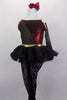 3-piece costume consists of camisole leotard (burgundy & black/gold pinstripes) with low back connected by gold bow band, mesh stirrup tights, a black pull-on tutu, gauntlet and hair bow. Front