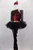 3-piece costume consists of camisole leotard (burgundy & black/gold pinstripes) with low back connected by gold bow band, mesh stirrup tights, a black pull-on tutu, gauntlet and hair bow.  Left side