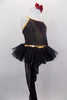 3-piece costume consists of camisole leotard (burgundy & black/gold pinstripes) with low back connected by gold bow band, mesh stirrup tights, a black pull-on tutu, gauntlet and hair bow. Right side