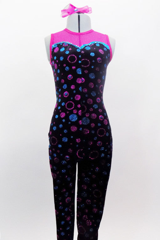 Full black velvet unitard has pink sheer back & upper chest. Sweetheart neckline has blue sequin edge, velvet is covered with pink & blue bubbles & zips at back. Comes with pink bow hair accessory. Front