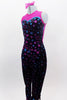 Full black velvet unitard has pink sheer back & upper chest. Sweetheart neckline has blue sequin edge, velvet is covered with pink & blue bubbles & zips at back. Comes with pink bow hair accessory. Side
