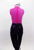 Full black velvet unitard has pink sheer back & upper chest. Sweetheart neckline has blue sequin edge, velvet is covered with pink & blue bubbles & zips at back. Comes with pink bow hair accessory. Back