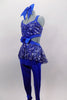 Royal blue unitard has fully sequined bodice with open back, sides & sequin peplum skirt. Has blue bow accent at the of torso & blue legging bottoms. Comes with large hair bow. Side