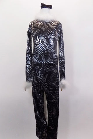 Black & silver kaleidoscope swirl print full unitard zips up at back. It's accented with white marabou fur collar, cuffs & tail. Comes with ears headband & bow. Front