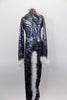 Black & silver kaleidoscope swirl print full unitard zips up at back. It's accented with white marabou fur collar, cuffs & tail. Comes with ears headband & bow. Back