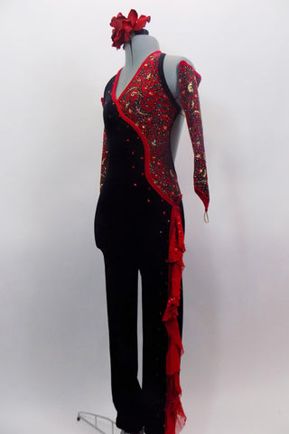 Black & red velvet halter unitard has crossover front, red wave edging & crystals along left side. Red ruffle cascades down left leg. Low back has nude strap. Comes with gauntlet & floral hair accessory. Left side