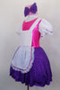 Bright pink bodice with large white pouf sleeves & layered, purple skirt. Has attached white pinafore apron with lace ruffle. Comes with stockings & hair bow. Side