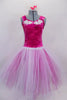 Fuchsia pink & white romantic tutu has crushed velvet sweetheart bodice with wide shoulder straps & white lace applique accents. Skirt is layers of white tulle. Front