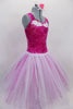 Fuchsia pink & white romantic tutu has crushed velvet sweetheart bodice with wide shoulder straps & white lace applique accents. Skirt is layers of white tulle. Side