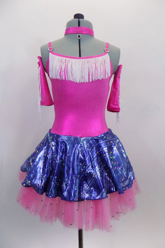 Hot pink camisole leotard has white fringe on neck with crystal heart accent. The skirt is a denim look pattern with sequins & bubble-gum pink petticoat. Comes with fringe gauntlets. Front