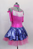 Hot pink camisole leotard has white fringe on neck with crystal heart accent. The skirt is a denim look pattern with sequins & bubble-gum pink petticoat. Comes with fringe gauntlets. Right side