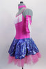 Hot pink camisole leotard has white fringe on neck with crystal heart accent. The skirt is a denim look pattern with sequins & bubble-gum pink petticoat. Comes with fringe gauntlets. Left side