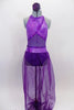 Purple Arabian themed 2-piece costume has halter style leotard with light purple, cross-over front, purple glitter mesh middle & dark purple bottom. Matching purple sheer harem pants have light purple waist. Comes with hair accessory. Front