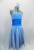 Turquoise dress has white crystal tulle overlay skirt & pleated bust. The wide turquoise waistband is ruched & gathered at sides. Has elastic glitter straps. Side