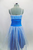 Turquoise dress has white crystal tulle overlay skirt & pleated bust. The wide turquoise waistband is ruched & gathered at sides. Has elastic glitter straps. Back