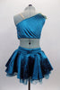 Teal crystal mesh ruched, one shoulder bodice is connected at left front hip, to satin skirt with tulle petticoat. Has gold & teal chain-lace along front torso. Comes with matching hair accessory. Back