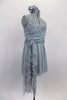 Delicate pale grey glitter mesh camisole dress has rose ribbon bodice with attached sash and brief. The shirt is longer at back which has criss-cross straps. Comes with hair accessory. Right side
