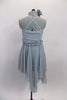 Delicate pale grey glitter mesh camisole dress has rose ribbon bodice with attached sash and brief. The shirt is longer at back which has criss-cross straps. Comes with hair accessory. Back