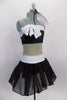 Black & white glitter dress has nude sheer center to create appearance of a 2- piece. Bust & waist have white band covered in crystals & large bow at right bust. Right side