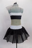 Black & white glitter dress has nude sheer center to create appearance of a 2- piece. Bust & waist have white band covered in crystals & large bow at right bust. Back