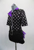 Black short unitard with silver stars, has 3/4 sleeves & front off-center zipper. Has purple collar & ruffled bustle. Comes with attached belt & star hair clip. Side