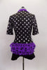Black short unitard with silver stars, has 3/4 sleeves & front off-center zipper. Has purple collar & ruffled bustle. Comes with attached belt & star hair clip. Back