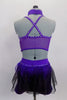Purple 2-piece costume is a crystalled half top with choker neck attached to bust by triangle accent. Bottom is shorts with black tulle & feather bustle. Back