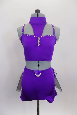 Purple 2-piece costume is a crystalled half top with choker neck attached to bust by triangle accent. Bottom is shorts with black tulle & feather bustle. Front