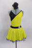 Yellow & black cross over dot-sequin dress has black belt with crystal brooch.  Has back cross straps and black petticoat. Comes with black rose hair accessory. Front