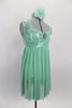 Mint leotard dress has sequined A-line bodice with brooch accent and open back. The skirt is a soft flowing glitter mesh. Comes with matching hair accessory. Side