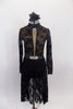 Black lace, high neck dress has nude base & long sleeves. Front has nude "V" center. Dress has zip-up back & attached shorts. Comes with belt & crystal brooch.  Front