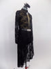 Black lace, high neck dress has nude base & long sleeves. Front has nude "V" center. Dress has zip-up back & attached shorts. Comes with belt & crystal brooch.  Side