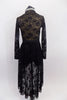 Black lace, high neck dress has nude base & long sleeves. Front has nude "V" center. Dress has zip-up back & attached shorts. Comes with belt & crystal brooch. Back