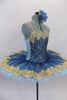 Deep blue tulle sits on light blue tulle layer & white pancake tutu base. Bodice is deep blue & gold lace lined with pale blue spandex. Has wide gold lace trim. Side