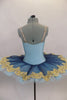 Deep blue tulle sits on light blue tulle layer & white pancake tutu base. Bodice is deep blue & gold lace lined with pale blue spandex. Has wide gold lace trim. Back