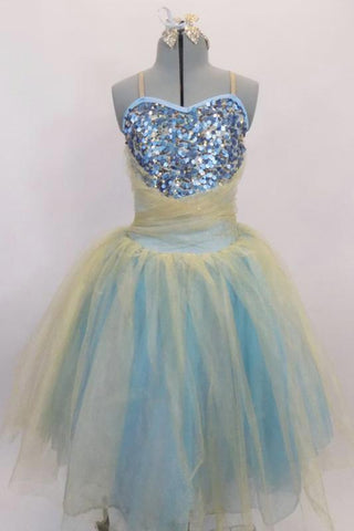 Crystal gold tulle sits on layers of light blue & white tulle in this long romantic tutu. The front of the bodice is covered with  blue sequins & gold tulle. Front