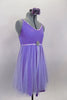 Lavender dress has sequin accented bust & waist with crystaled front, rose brooch accent & cross back straps. Skirt has white sheer on lavender lycra fro flow. Comes with rose hair accessory. Side