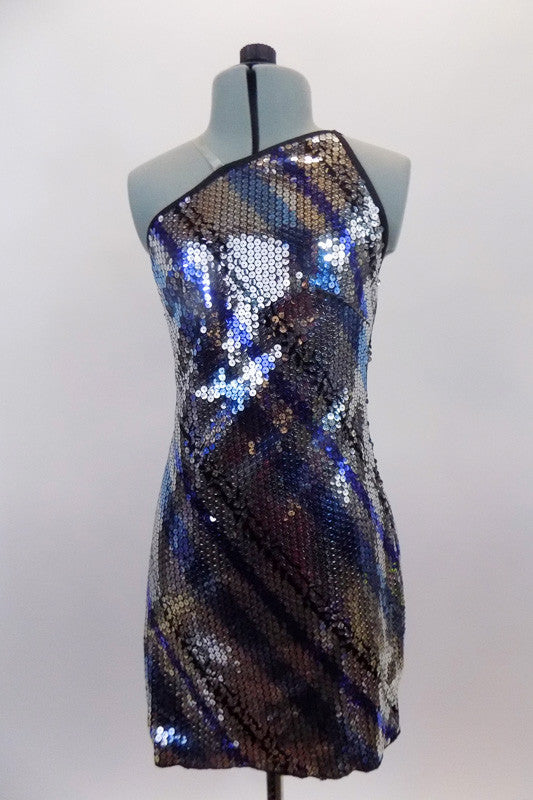 Black & blue angled stripes accent this  silver sequined, one shoulder tunic dress. Back left has angled straps & clear strap on right. Has separate bottoms. Front