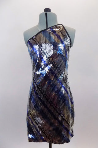 Black & blue angled stripes accent this  silver sequined, one shoulder tunic dress. Back left has angled straps & clear strap on right. Has separate bottoms. Front